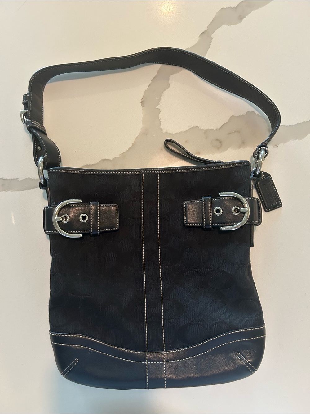 Coach Black Signature Canvas Shoulder Bag with Silver Buckle Accents